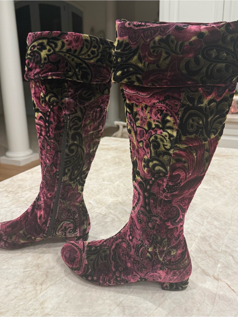 Born Velvet Paisley Over-the-Knee Boots - Pink and Black